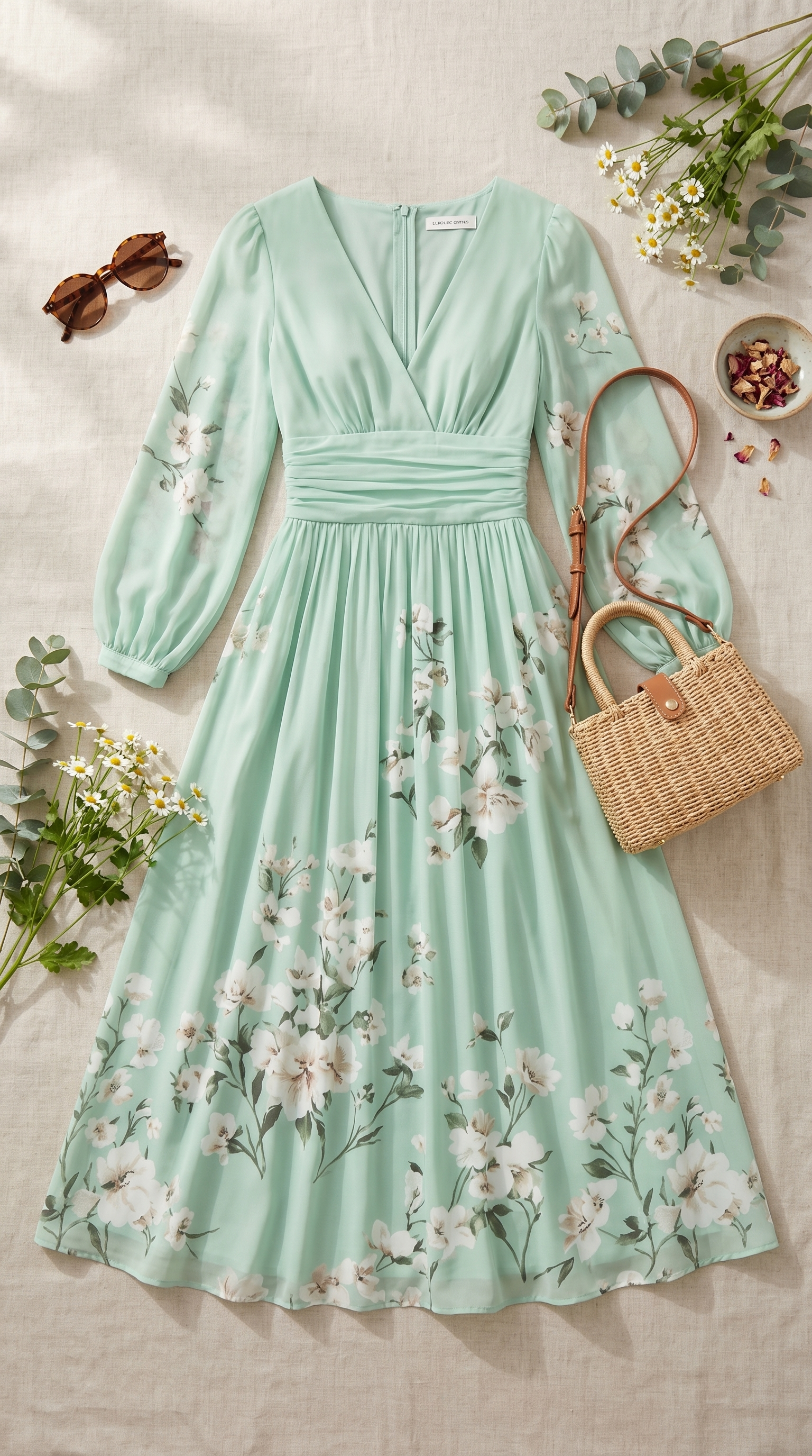 Esther | Lichtgroene midi-jurk met V-hals, geplooide chiffon en bloemenprint