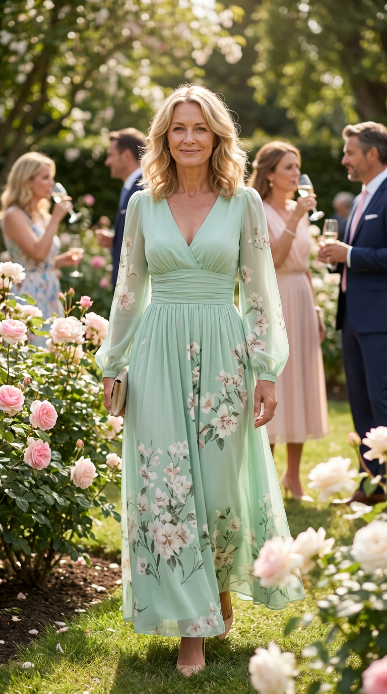 Esther | Lichtgroene midi-jurk met V-hals, geplooide chiffon en bloemenprint