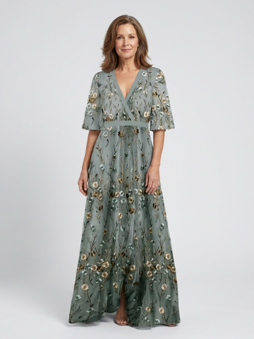 Eva | Maxi-jurk met bloemenprint, V-hals en korte mouwen